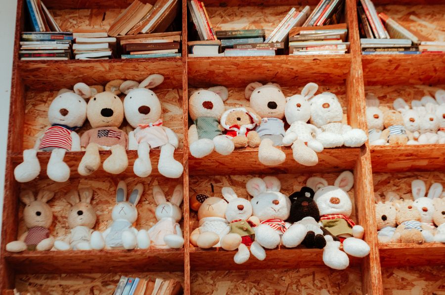 Estanterías con peluches y libros decorativos